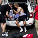Stage 14 Saint-Gaudens to Plateau de Beille. HTC-Highroad overall hope, Peter Velits, struggled on this day and the first order of business at the finish is food and water.