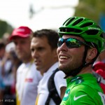 Stage 21 of the Tour - Paris, France. Mark Cavendish looks back at the jumbo-tron replay of his incredible win on the Champs Elysees.