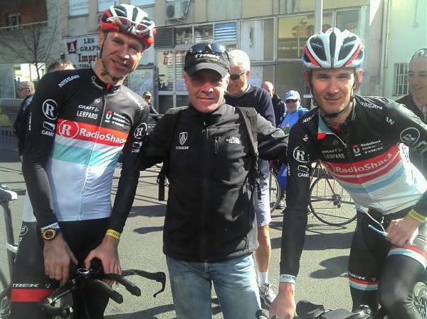 “Motoman” poses between Jens Voigt and Frank Schleck in a photo discovered on “Motoman’s” facebook profile by Martijn Hendriks (@hendriksmj)