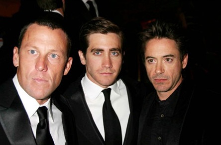 Robert Downey Jr has reached out to Lance Armstrong. The pair shown in much happier times with Jake Gyllenhall (center) (photo courtesy IMDB)