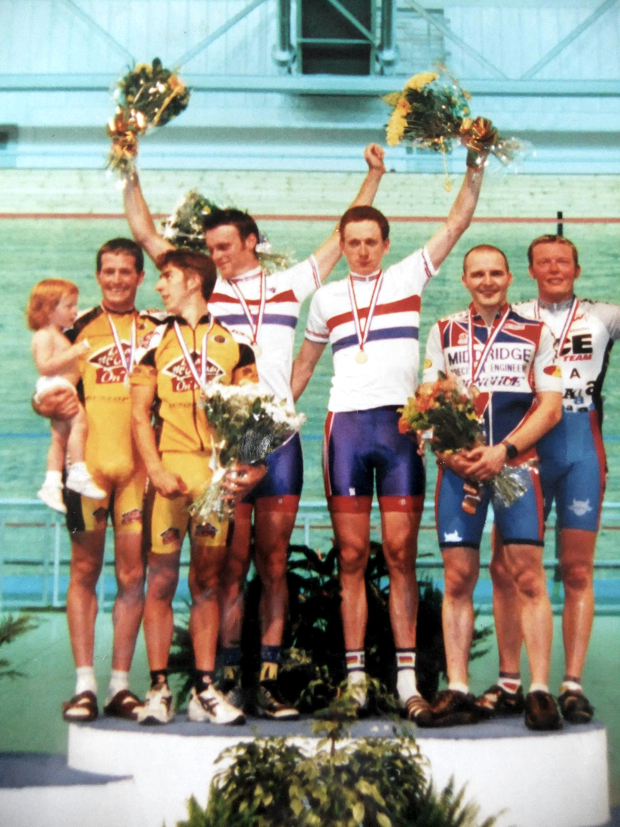 British National Elite Madison Championships podium 1999 1st - Brad Wiggins/Rob Hayles 2nd - Russell Downing/Jon Clay 3rd - Dan Ellmore/Chris Bush